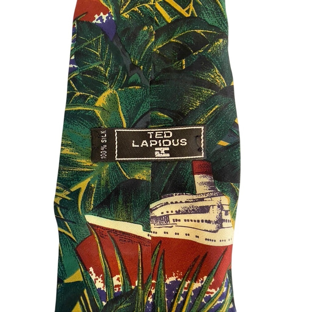 Ted Lapidus Silk Tie Mens Green Tropical Cruise Ship Palm Leaf Made in Italy